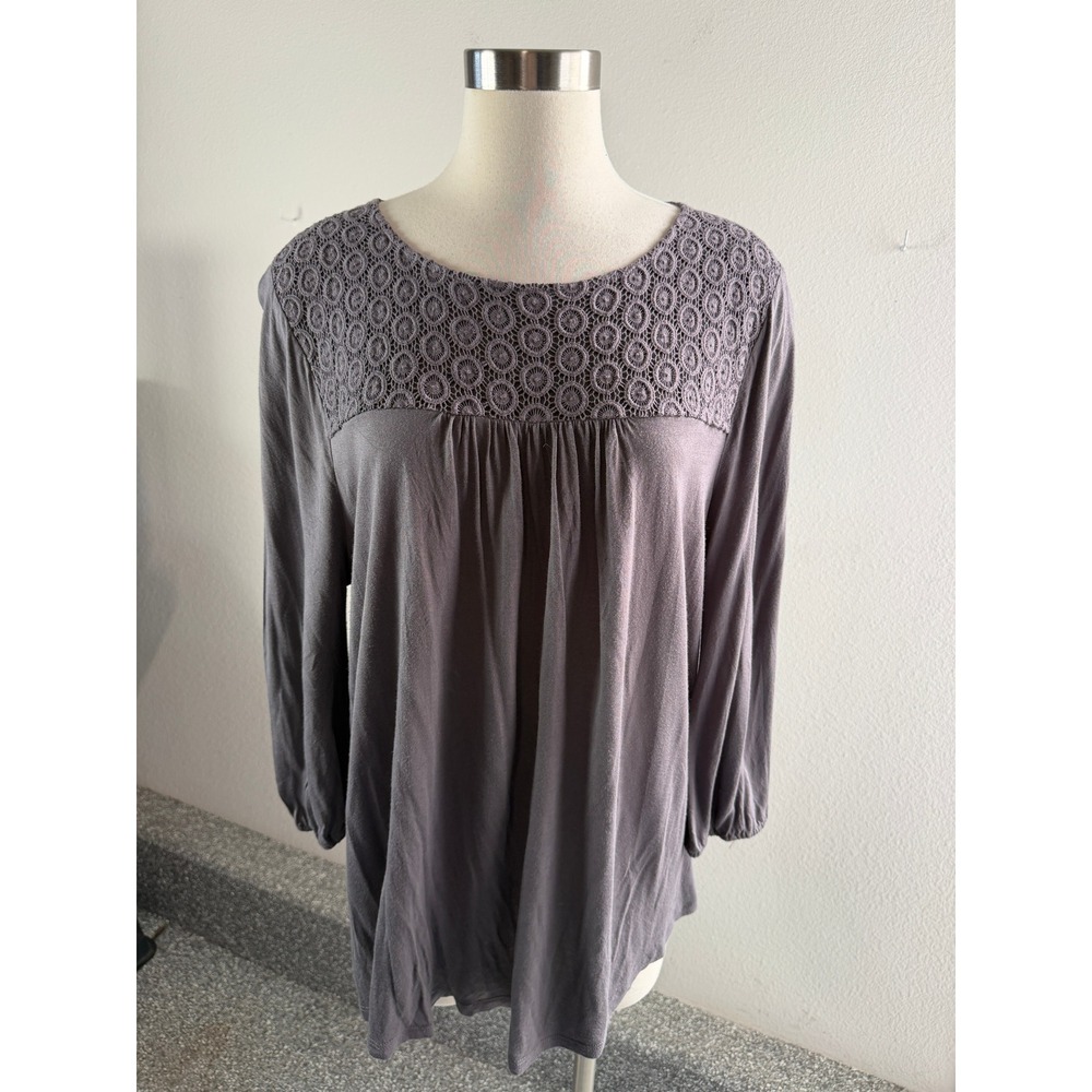 Boden Womens 16 Grey Crochet Lace Yoke Tunic Blouse Long Sleeve Tunic Top